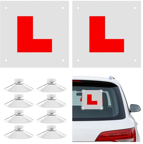 Magnetic L Plates for Car 2 PCS, Fully Magnetic Learner Driving L Plates Night Reflective with 8 Suction Cups, Easy Install & Remove, Waterproof, Repeatable L Plate for Learning Car, Van or Bus