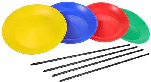 MUSISALY Juego de Platos de Malabarismo Coloridos 4 Piezas (Rojo, Azul, Amarillo, Verde) con Palos para Entrenamiento de Habilidades, Juguetes Circenses Portátiles para Fiestas