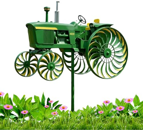 Vintage Tractor Wind Spinner,Outdoor Garden Stake Sculpture For Yard,Motion Art Wind Sculpture Tractor Stake,Retro Farmhouse Windmills Lawn Ornament With Rotating Wheels, Unique Patio Gift (Green)