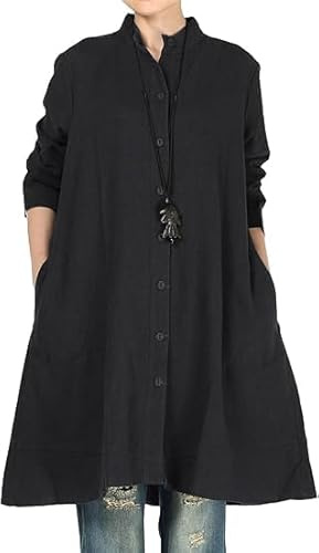 Minibee Women's Oversized Button Down Shirts Long Sleeve Cotton Linen Light Blouse Jacket with Pockets Black L