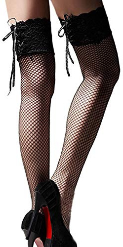 VicSec Womens Fishnet stockings Lace Top Thigh High Stocking Sexy Seam Back Tights Hold Ups Stay Up Nets Hosiery stylish, Black