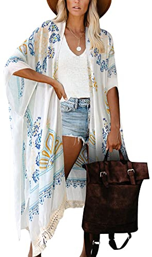 Breezy Lane White Kimonos for Women Swimsuit Coverup Beach Cardigans with Tassel Fringe Floral Print for Summer Vacation