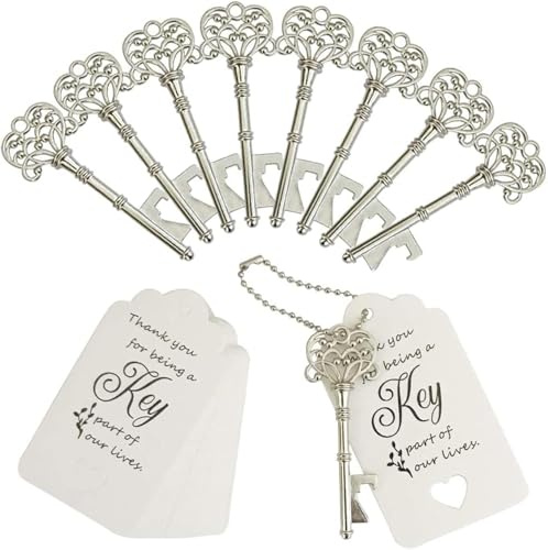 WODEGIFT Flaschenöffner, Hochzeitsgeschenke für Gäste, Vintage-Skelett-Schlüsselöffner, Schlüsselöffner mit Escort-Tag-Karten und Ketten (Silber), 100 Stück