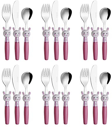 EXZACT 18pcs Children’s Cutlery Set Stainless Steel 24m+ Rabbit | BPA Free Dishwasher Safe Easy Grip Animal Handles Child Friendly Mealtimes At Home Nursery Travel And Gifting
