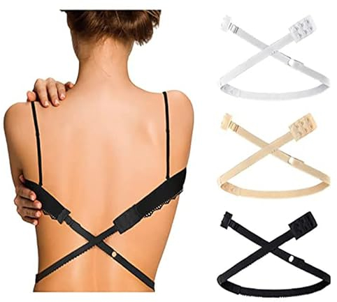Low Back Bra Converter，3 Pcs Soft Comfortable Women's Adjustable Low Back Bra Strap for Lady Girl Dress Wedding Party, White, Black, Beige