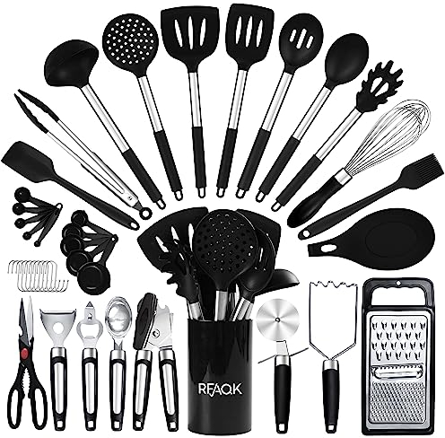 RFAQK 40PCs Silicone Kitchen Utensils Set with Holder 446℉ Heat Resistant,BPA Free Cooking Utensils Set, Silicone Utensil Set Includes Can Opener, Potato Smasher,Peeler,Tongs,Spatula Set,Pizza Cutter