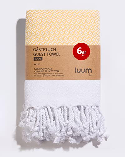 Luum® 6er Set Hamam Gästehandtücher, Deko Handtücher, Seiftuch, Waschlappen, Stoffservietten, Putzlappen, 100% Baumwolle schnelltrocknend fusselfrei Gelb 33x33 Geschenkset Geschenke für Frauen