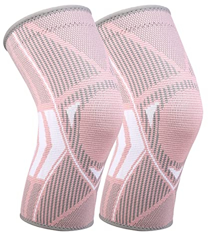 Kniestütze Kompression Kniebandage 2 Stück mit Rutschfestem Silikonstreifen Elastisch Knie Sleeve für Männer Damen für Arthritis ACL Meniskusriss Sport Fitness Joggen (Rosa, M)
