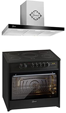 GURARI Herdset GCH E 912 BL + GCH F 462 IS 9 Prime, Retro Standherd 90 cm, Range Coocker, 121 L, Schwarz + Dunstabzugshaube, Wandhaube 90 cm, Abluft/Umluft, Flachpanel Haube