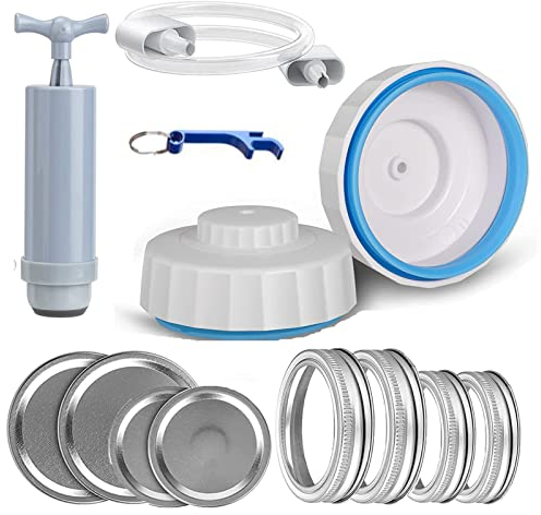 Juego de Envasadores al Vacío - 9 Piezas para Guardar Alimentos con Manguera, Bomba, Abrelatas y Kit de Sellado - Para Tarros de Conservas con Apertura Normal y Ancha