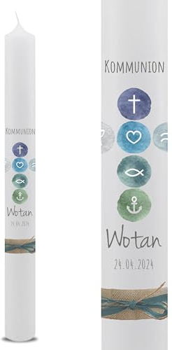 VILLA ROSA LOTTA – Personalisierbare Kommunionkerze Taufkerze „Wotan“ mit Wunschdaten und Rückseite | christliche Symbole | 40 cm x 4 cm | für Jungen und Mädchen | Altarkerze elfenbein