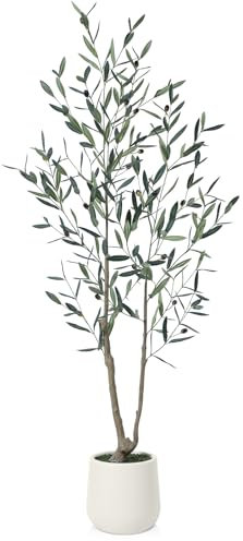 Kazeila Olivenbaum Künstlich 150cm Kunstpflanzen Groß im Weiß Topf,Künstliche Plastikpflanzen für Home Wohnzimmer Schlafzimmer Büro Deko(1Pack)