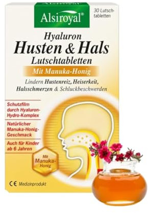 Alsiroyal Hyaluron Husten & Hals Lutschtabletten, 30 Stk. – bei Hustenreiz & Heiserkeit - Mit Hyaluron-Hydro-Komplex & Manuka-Honig - natürlicher Geschmack, für Erwachsene & Kinder ab 6 Jahren