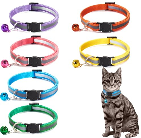 6X Colliers Chats Réfléchissants, Anti-Étranglement, Réglables 19-32cm, Clochette, Boucle de Sécurité.