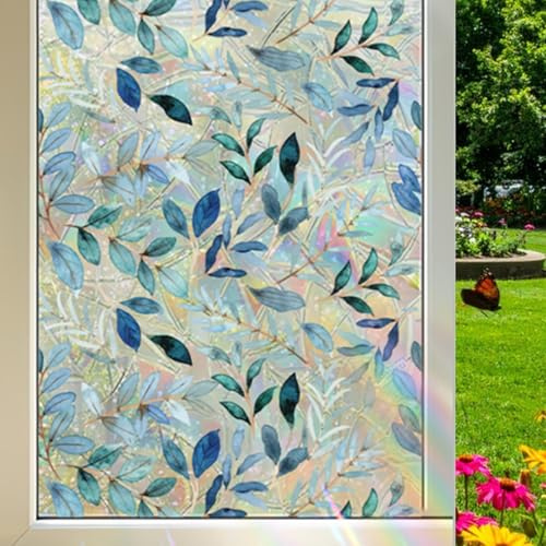 Maritown Stained Glass Window Film - Rainbow Pattern Privacy Covering With Leaves Design, Static Cling Self Adhesive Stickers for Home, Living Room, Kitchen, Office