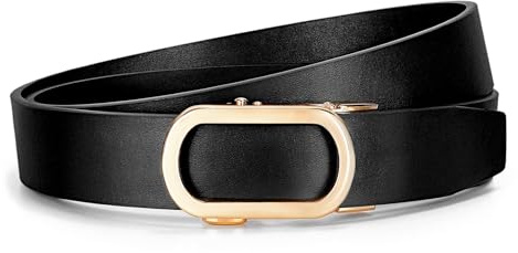JasGood - Cinturón de 3.1 cm de ancho con trinquete automático de cuero para mujer, con hebilla deslizante dorada para jeans, Negro , M:105cm(Taillengröße 76-85cm)