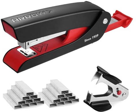 Arrow Office Stapler Set, 25 Sheet Capacity Metal Desk Stapler with 2100 Staples and Staple Remover, Half Strip Design and Non-Slip Base, Spare Staple Storage for Classroom, Office and Home