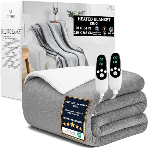 Get Trend Elektrisk värmefilt 230 x 265 cm, sherpa-fleecepläd, 9 nivåer med 12 timmars automatisk avstängning, maskintvättbar, presentidé (ljusgrå, king EU)
