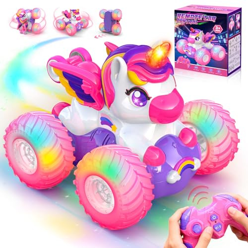 HappyGoLucky Voiture Telecommandé Enfant, Licorne Voiture Télécommandée Fille, Rose, 2.4Ghz, Rotation à 360°, Rechargeable, Licorne Jouet Cadeau Fille 3-9 Ans - Cadeaux de Noël Enfants 2025