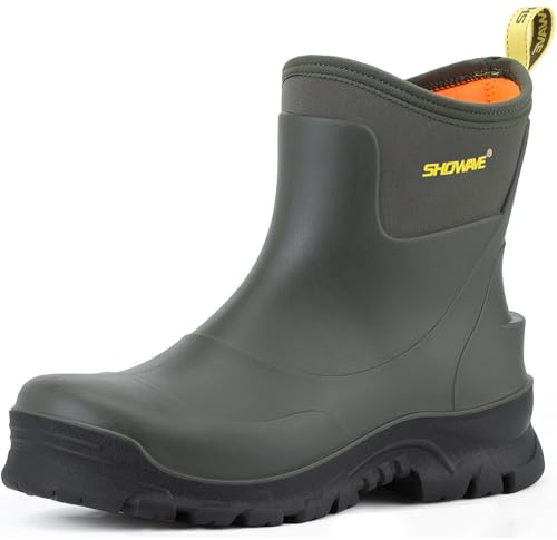 Showave Men's Short Rubber Rain Boots Waterproof Mud Booties for Outdoor Working Insulation Garden Farm Boot Lightweight Slip-on Rain Footwear, Size 11 Army Green