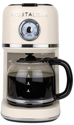 Nostalgia Classic Retro 10 Cup Coffee Maker - One-Touch Drip Brew, Reusable Filter - Anti-Drip, Auto Shutoff, & Time Display - Dishwasher Safe 50 oz Carafe - Cream