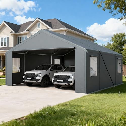 Besteagle 20x20 FT Carport, Large Car Canopy with Roll-Up Windows & Side-Opening Door, Carport Canopy, Portable Garage for Car, Truck, Boat, and SUVs, Motorcycle