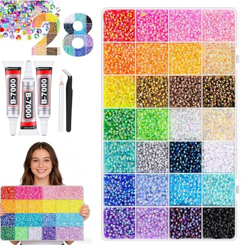 Kit deslumbrante con pegamento, 32000 diamantes de imitación con parte trasera plana para manualidades, juego de gemas de uñas de resina de 40 colores con bolígrafo de recogida, pinzas, kit de inicio