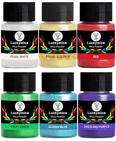 Luckymica Polvere di Mica, 6 Colori Pigmenti Perlati per Resina Epossidica, 60g Set di Pigmenti Perlescenti per Saponi, Bombe da Bagno, Candele, Fai da Te, Lucidalabbra, Smalto per Unghie - I Classici