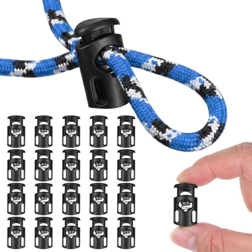 Rahhlizs 20 Pcs Black Paracord Cord Locks for Drawstring, Single Hole Shoe Lace Tie Locks Spring Stoppers Toggle Cord Lock for Drawstrings Clothing, Pants, Bags, String Clip Replacement