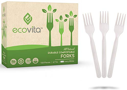 100% Compostable Forks - 140 Large Disposable Utensils (7 in.) Eco Friendly Durable and Heat Resistant Alternative to Plastic Forks with Convenient Tray by Ecovita