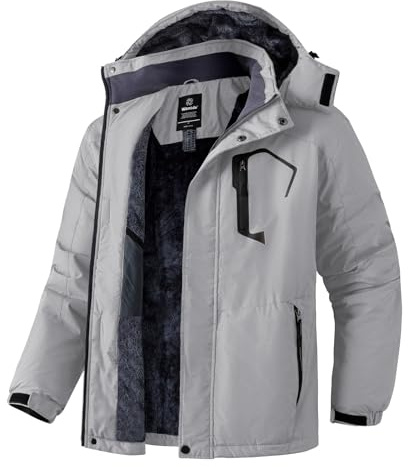 Wantdo Chaqueta de Esquí Impermeable Montaña Abrigo Windbreaker Paño Grueso Suave Parka Resistente al Agua para Acampar Viajar Chaqueta de Bolsillos Múltiples Cremallera para Hombre Gris Small