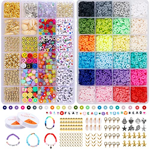 YIMAKJ 7000+ Stück Perlen Set Polymer Clay Perlen, 24 Farben 6mm Flache Clay Perlen, Und Elastische Schnur Handgemachtes Perlen Set Für DIY Schmuck Halskette, Armband, Schmuckherstellungs