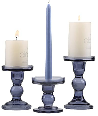 GMWD 3 Pcs Glass Candle Holder Set Clear, Blue Candlesticks Holders Pillar Taper Candles Tealight Stand for Wedding Centerpieces Home Decorations Dining Table