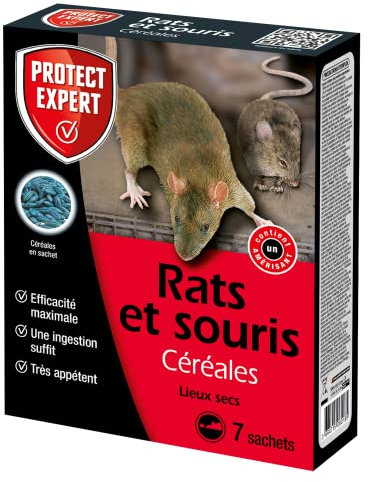 PROTECT EXPERT Anti Rats et Souris - Efficacité Radicale - Lieux secs – 7 Sachets céréales – 140g - Prêt à l'emploi - Une Ingestion Suffit- Très Appétent DIF140