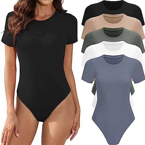 MLYENX 5 Pack Body Suits for Womens Short Sleeve Round Neck Casual Stretchy Basic T Shirt Bodysuit Tops L
