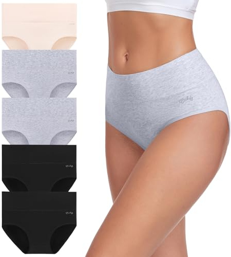 coskefy Cotton Panties for Women No Show High Waisted Underwear Seamless Tummy Control Briefs 5 Pack