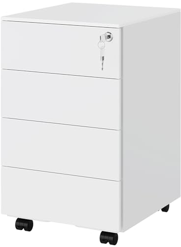 KIMENICH Rollcontainer, Aktenschrank unter Schreibtisch, mit 4 Schublade, 4 Rollen, Vormontiert, Abschließbarer, Metallschrank mit Hängeregistratur, für Akten, Schreibwaren, Druckerschrank (weiß)