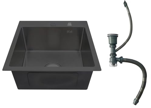ANW HOME Évier de Cuisine Graphite 50x50 cm avec Siphon, Panier Égouttoir et Distributeur de Savon de 350 ml, Évier de Cuisine en Acier Inoxydable 304 avec 2 Trous pour Robinet