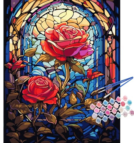 TOCARE Stained Glass Paint by Numbers kit for Adults Beginner Red Rose Paint by Number Canvas, Simple Oil Painting Paint by Numbers for Adults Flowers 16x20inch