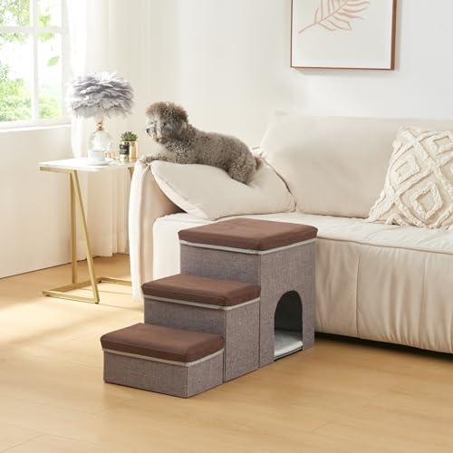 [en.casa] Hundetreppe Vojens Hunderampe mit Höhle für kleine Hunde 3-stufig Haustierleiter für Bett und Sofa klappbar Katzentreppe 76 x 33 x 43 cm Braun/Grau