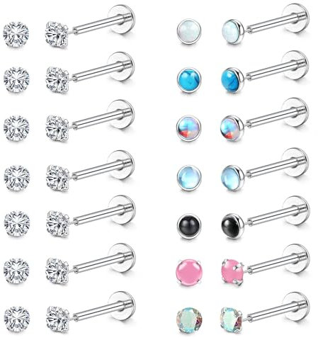 FIOROYAL 14 Paires 20G Piercing Oreille Acier Inoxydable,Cartilage Boucles d'oreilles Femme,Piercing Labret Levre a Push-in,3MM CZ Opale Piercing Nez,Piercing Tragus Helix Argent