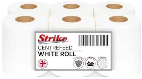 Strike White Centre Feed Embossed 2ply Wiper Paper Towel 50M p/Rolls 6 Per Pack Family Disposable Kitchen Rolls Cleaning Household (6 Roll's)