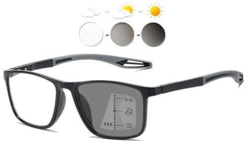 KOOSUFA Självtonande glidande läsglasögon glidande glasögon progressiv multifokus blåljusfilter fotokrom män kvinnor fjädergångjärn TR90 med UV-skydd solläsglasögon, Svart grå, 3.5
