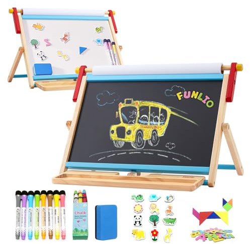 FUNLIO Caballete de Mesa 3-en-1 para Niños 3+ (100+ accesorios), Pizarra Magnética Doble Cara, Pizarra Infantil de Madera con Rollo de Papel, 3 Ángulos Ajustables, Plegable - Azul