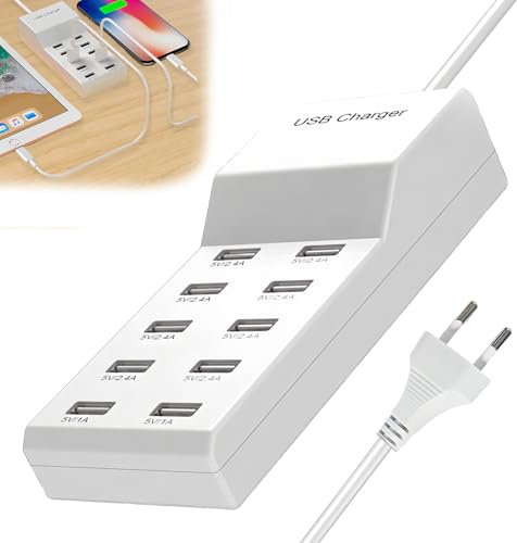 GOEDCH Cargador USB múltiple: USB-A USB estación de carga múltiples dispositivos, 5 V/10 A 50 W, cargador USB de 10 puertos, fuente de alimentación para iPhone 15/14/13/12 Pro Max, iPad, Samsung