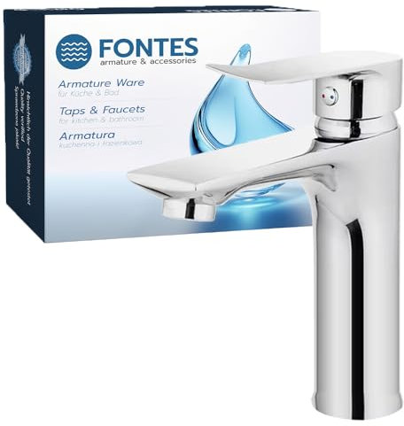 FONTES Waschtischarmatur Hoch 18 cm - Mischbatterie Waschbecken aus Messing und Zink mit Chrom-Finish - Wasserhahn Badezimmer mit Keramik Kartusche - Bad Armatur für Montageöffnung von 35 mm