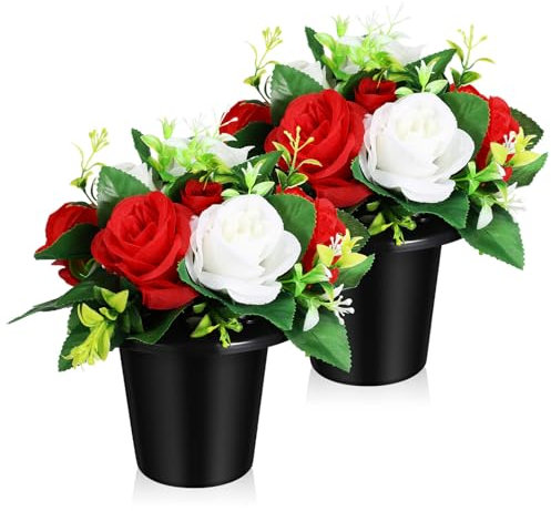 PartyKindom Small Bucket Cemetery Flowers 2 Pcs Artificial Grave Flowers in Fabric Pot for Outdoor Memorial Decoration Durable Silk Floral Arrangement for Graveside Tribute
