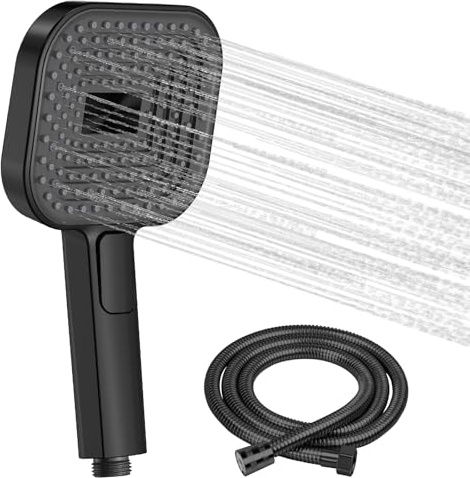 BuyCard Duschmunstycke vattenbesparande med slang 1,5 m, med 3 stråltyper, vattenbesparande, duschdusch, stor 135 mm, handdusch med antikalkfunktion. (Duschhuvud + 1,5 m slang, svart)