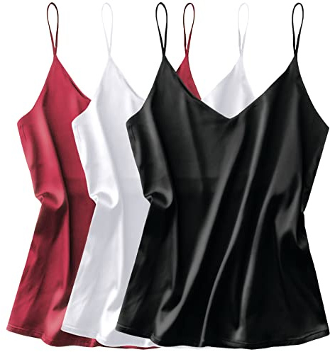 Ekouaer 3 Pack Womens Silk Satin Tank Tops V Neck Camisole Cami Spaghetti Strap Top Loose Sleeveless Blouses Tank Shirt S-XXL
