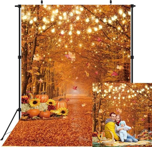 Toile de fond forêt d'automne feuille d'érable et citrouille pour photographie de ferme, d'événement, décoration de fête, bannière pour photo (150 x 208 cm)